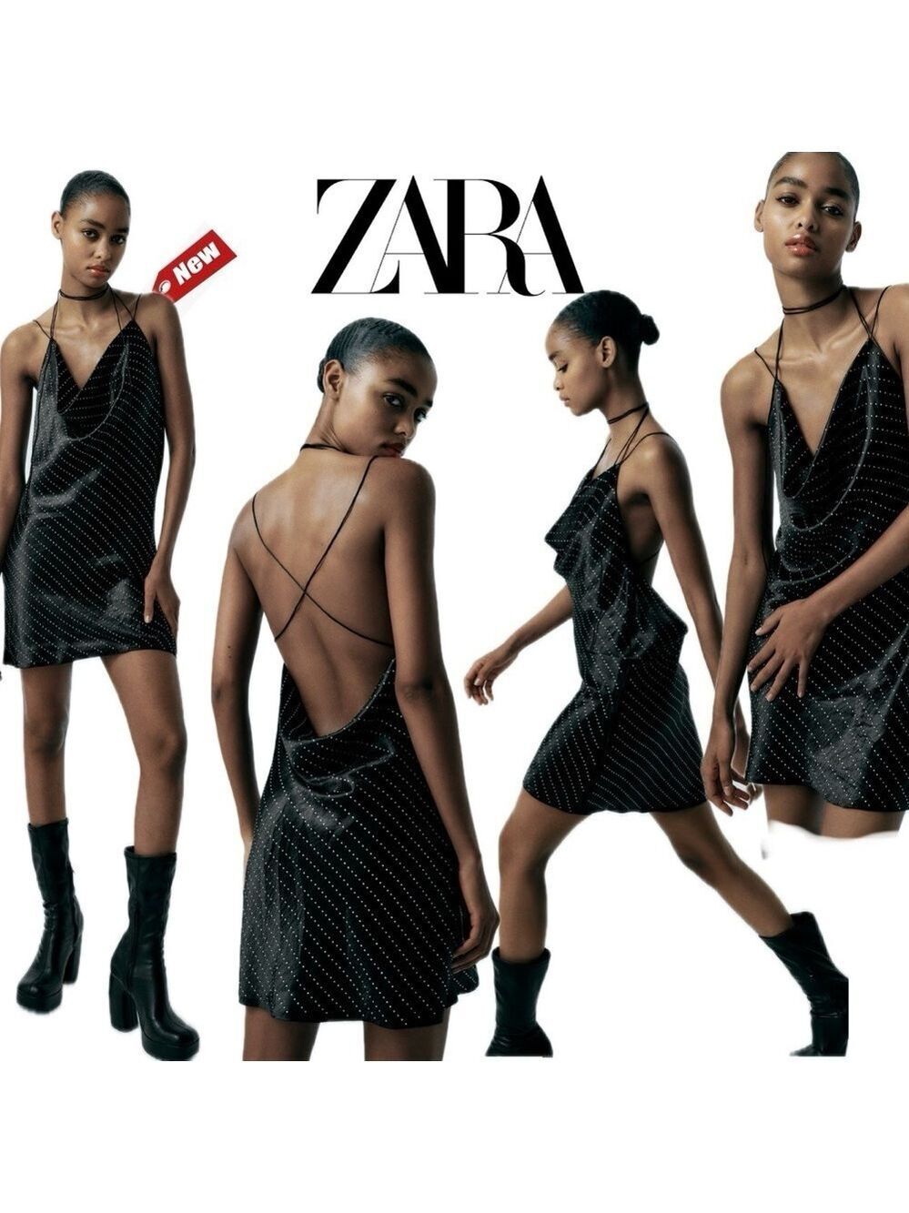 Zara Black satin effect crystal rhinestone jewelled cowl neck mini slip dress XS